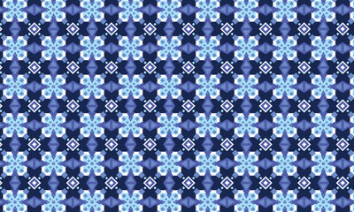 Snowflake winter geometric pattern. Winter holiday vector seamless ornament in blue colours for textile, fabric, interior, ceramic, wallpaper, paper decoration
