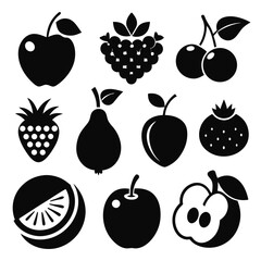 Collection of different fruits displays in simple black and white minimalist icons