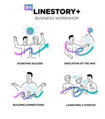 Set of illustrations people are holding a workshop. Workflow, growth, graphics. Business development, milestones, start-up. linear illustration Icons infographics. Landing page site print poster. Line