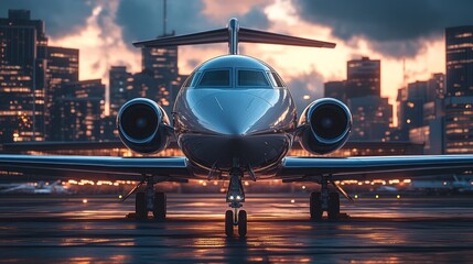 Private jet on tarmac at dawn city
