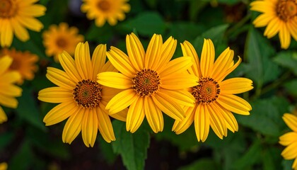 Obraz premium Vivid close-up of three brilliant yellow wildflowers