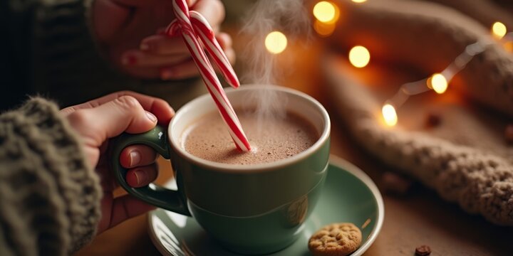 Close-up of South Asian man dipping candy cane in steaming hot cocoa with cozy holiday setting