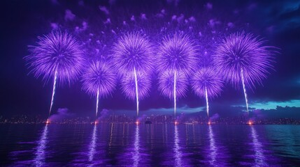Purple fireworks over water reflecting city skyline