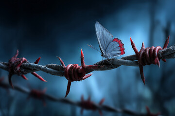 Butterfly on barbed wire against the sky