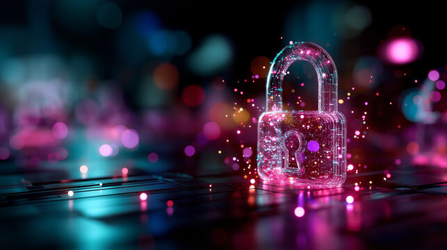 Symbolic image of cyber security, glowing lock floating above digital background, under soft neon light, highlighting futuristic security and tech vibe, serene digital scene, calm 