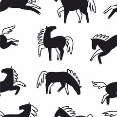 Vector seamless pattern with hand drawn horses in doodle style
