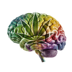 Human brain with cannabis leaf overlay in rainbow colors marijuana weed isolated on a transparent background
