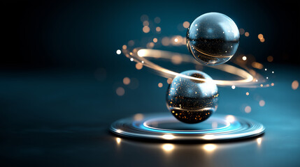 Physics concept with levitating spheres orbiting around each other, under soft studio light, highlighting scientific motion and futuristic design, serene conceptual scene, calm orb