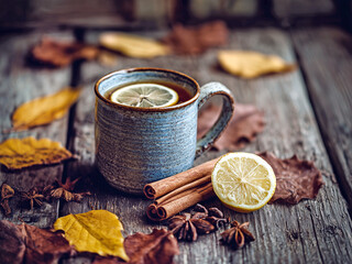 Hot autumn tea with lemon and spices in cozy mug on wooden table. Rustic hygge autumn style, perfect seasonal stock image.
