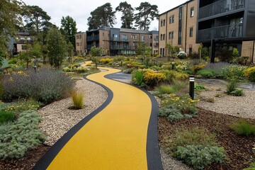 Fototapeta premium Vibrant yellow winding path invites exploration through a beautifully landscaped modern residential garden with contemporary apartment buildings