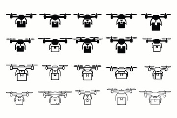 Set of Drone Delivery Icons in Various Styles – Black and Outline Vector Symbols of Quadcopter with Package
