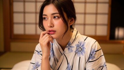 旅館の和室で口元に手を当て、物思いにふける浴衣の女性