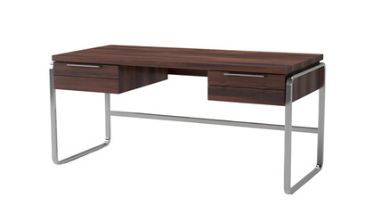 Modern Dark Wood Desk with Chrome Legs minimalist isolated on a transparent background.
