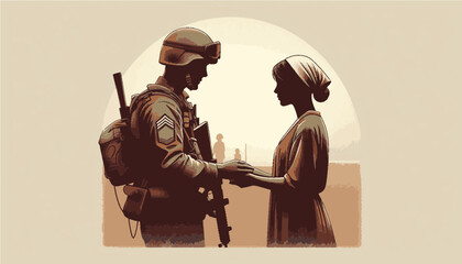 Soldier with helmet holding woman’s hands in emotional farewell against soft beige background with copy space