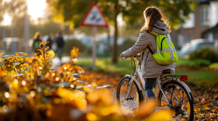 Student on bicycle with reflective backpack passing a school zone sign, autumn leaves on the ground, under gentle natural light, highlighting safe travel and seasonal vibe, serene 