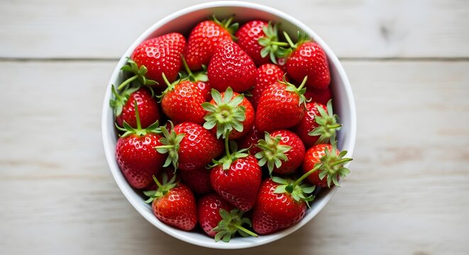 A white ceramic bowl brimming with vibrant, fresh red strawberries, each topped with a delicate green stem, is presented on a softly textured, light-colored wooden - Powered by Adobe