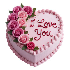 Pink Heart Shaped Cake with Roses and I Love You Message cake, heart, pink, roses isolated on a transparent background