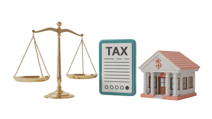 Taxation Concept with Scales of Justice Bank and Tax Document minimalist image isolated on a transparent background.
