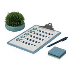 Clipboard with Checklist Plant Pen and Sticky Notes on White Background to do list task isolated on a transparent background.png