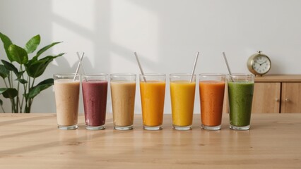 Fototapeta premium Colorful smoothies variety in glasses with metal straws on wooden table in modern minimalist kitchen interior with green plants and clock