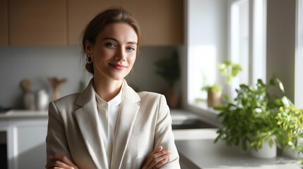 Real estate agent standing in empty modern kitchen interior, under gentle natural light, highlighting professional pose and sleek design, serene home scene, calm kitchen lighting, 