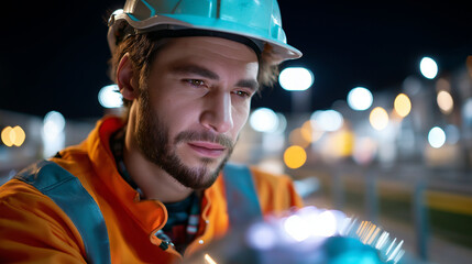 Industrial stock photo of worker with flashlight inspecting pipelines at night, under dramatic industrial light, highlighting intense focus and rugged setting, serene industrial sc