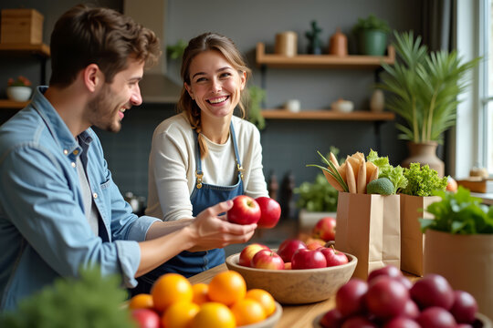 Couple unpacking groceries in kitchen. Happy man and woman with fruits. Smiling pair sorting food after shopping.