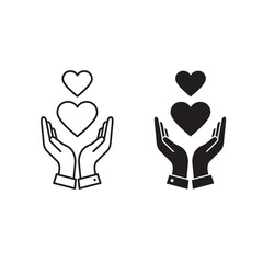 Obraz premium Open hands holding hearts icons symbolizing love care compassion and support outlined and solid versions vector silhouette on a white background