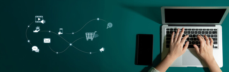 Omnichannel marketing journey showing interaction across media, email, messaging, mobile,...