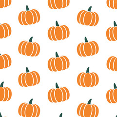 Seamless Pattern of Orange Pumpkins with Green Stems on White Background