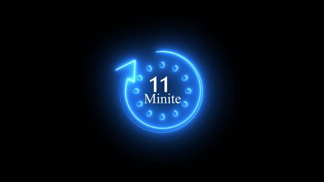 Blue Neon Clock Timer Indicating 11 Minutes with Arrow on Black Background eleven
