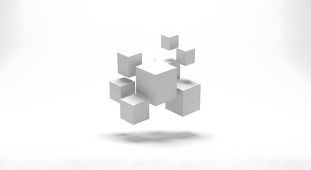 A cluster of white geometric cubes is suspended mid-air against a clean white backdrop, displaying a sense of abstract structure and minimalist design