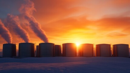 Sustainable Aviation Fuel production plant at sunrise with clean steam and reflection on tanks.