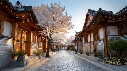 Fototapeta premium Traditional Korean hanok village with tiled roofs and cherry blossoms, warm natural light, under gentle natural light, highlighting traditional architecture and floral beauty, sere