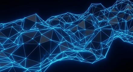 An abstract digital representation of a network or data structure, featuring a complex grid of interconnected points and lines that glow with vibrant blue light against