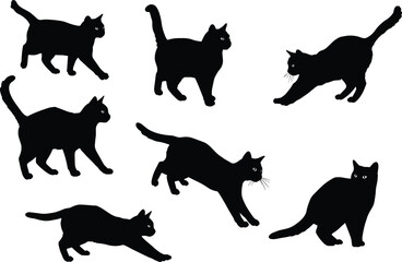 Cat silhouette vector, running cat illustration, crouching feline artwork, stretching pet design, black cat posture, domestic animal shape, playful cat graphic