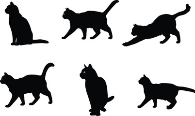 Cat silhouette vector, sitting cat illustration, walking feline artwork, stretching pet design, crouching cat posture, black animal shape, domestic cat graphic