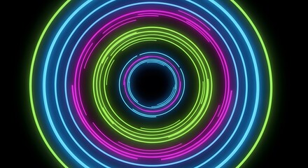 An abstract digital art piece featuring concentric rings of vibrant neon light in shades of blue, pink, and green, creating a tunnel effect against a solid black