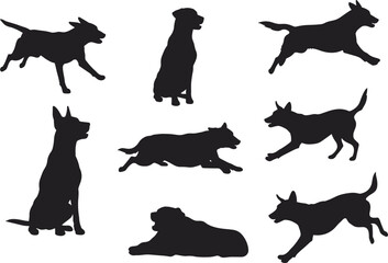 Dog silhouette vector, running dog illustration, sitting canine artwork, lying pet design, black dog posture, domestic animal shape, playful dog graphic art