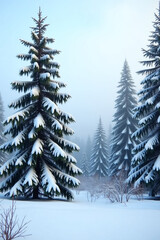 Fototapeta premium Snow-dusted pine trees stand tall amidst a serene winter landscape, set against a soft, gradient blue sky