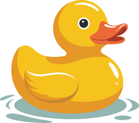 Cartoon yellow rubber duck, floating on water, bath toy, cute animal, childhood playtime, glossy texture, vector illustration, aquatic art
