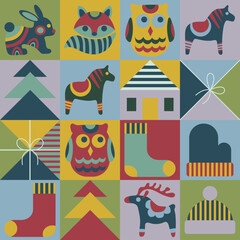 A cozy Scandinavian pattern with various winter and forest symbols in squares.  A Christmas patchwork design for wrapping paper, seasonal banners and flyers, fabrics, and textiles.
