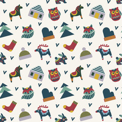 A cozy Scandinavian pattern with various winter and forest symbols and geometric elements. A New Year's design for wrapping paper, seasonal banners and flyers, fabrics, and textiles.