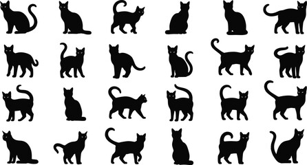 Cat silhouette collection, various feline poses, sitting standing walking, pet animal art, black white vector illustration