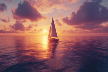 Fototapeta premium Sailboat drifting across golden sunset sea