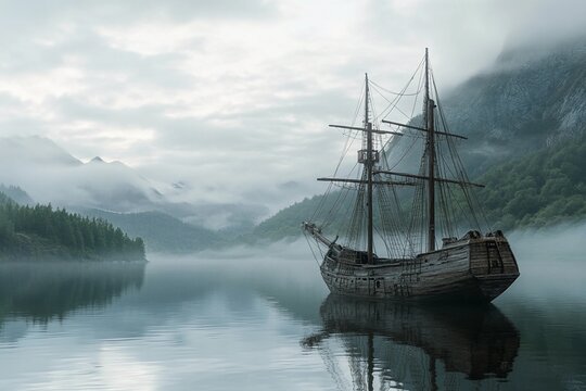 Old wooden ship anchored in quiet bay