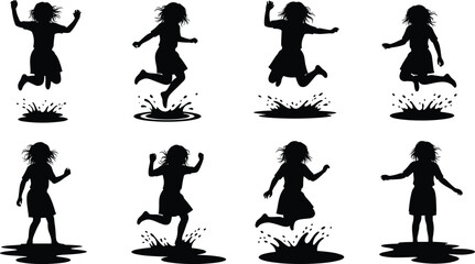 Silhouette of happy little girl jumping and playing in water puddles, joyful childhood moment, outdoor fun, freedom and happiness illustration
