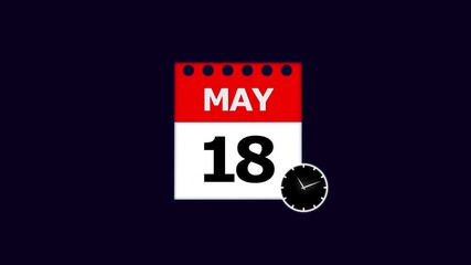 Year 18 May graphic Infrared calendar in futuristic and tech glowing, Calendar appearing with the date May 18,chroma key ,calendar icon monthly Clock countdown timer icon 4k video.