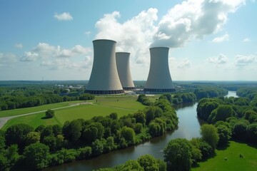 Aerial View of Nuclear Power Plant Cooling Towers Surrounded by Vibrant Greenery on a Sunny Summer Day