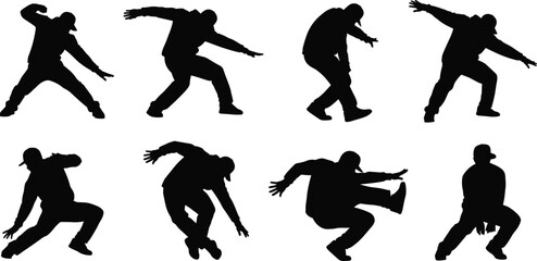 Silhouette of hip hop dancer performing street dance moves, breakdancing poses, urban dance energy, freestyle motion art, modern choreography concept